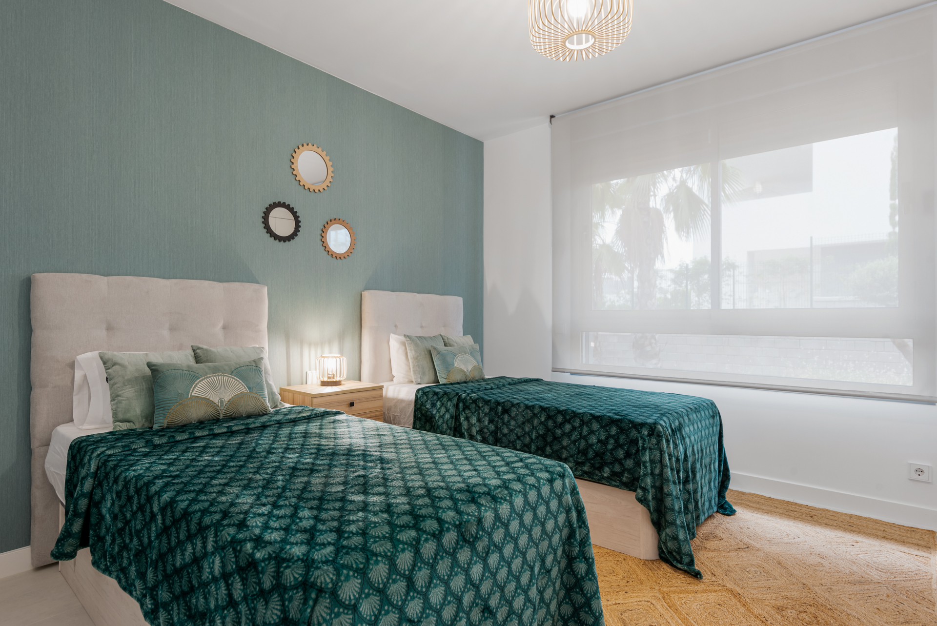 Twin bedroom — sage accent wall